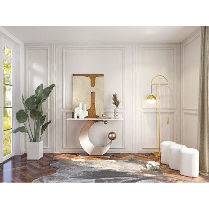 HMR - 47" Narrow Console Table White Sintered Stone Top & Half-Moon Carbon Steel Base