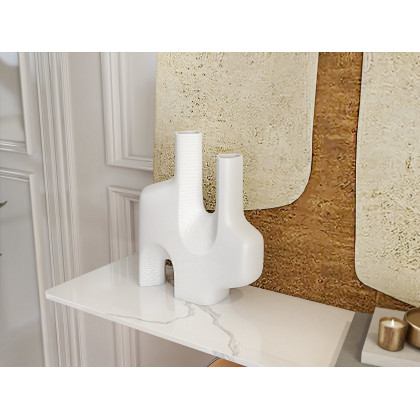 HMR - 47" Narrow Console Table White Sintered Stone Top & Half-Moon Carbon Steel Base