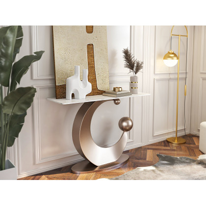 HMR - 47" Narrow Console Table White Sintered Stone Top & Half-Moon Carbon Steel Base