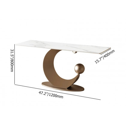HMR - 47" Narrow Console Table White Sintered Stone Top & Half-Moon Carbon Steel Base