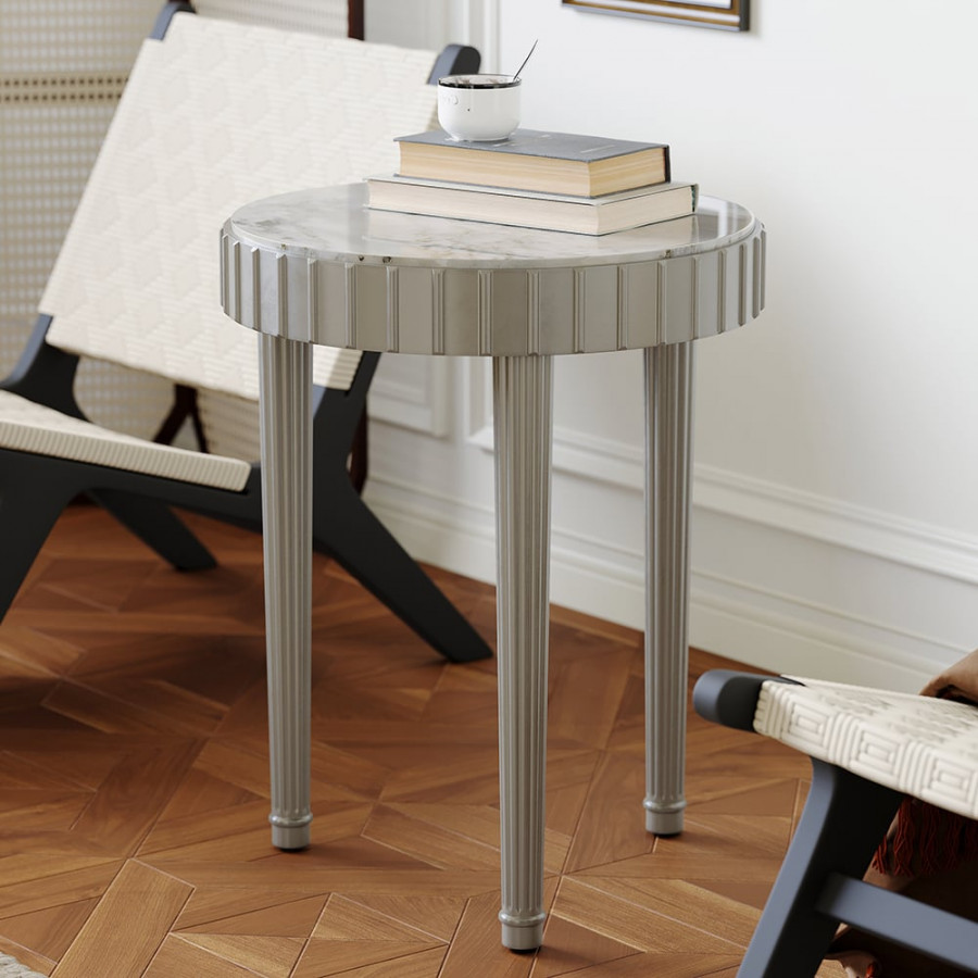 HMR - French Fluted Side Table with Faux Marble Top Gray End Table with 3 Wooden Legs