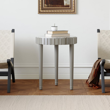 HMR - French Fluted Side Table with Faux Marble Top Gray End Table with 3 Wooden Legs