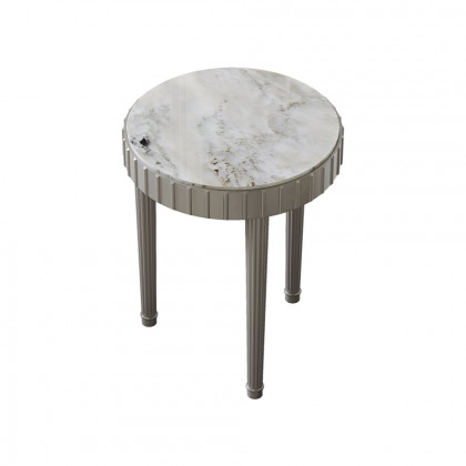 HMR - French Fluted Side Table with Faux Marble Top Gray End Table with 3 Wooden Legs