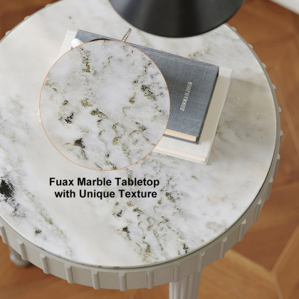 HMR - French Fluted Side Table with Faux Marble Top Gray End Table with 3 Wooden Legs