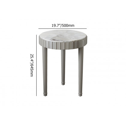 HMR - French Fluted Side Table with Faux Marble Top Gray End Table with 3 Wooden Legs