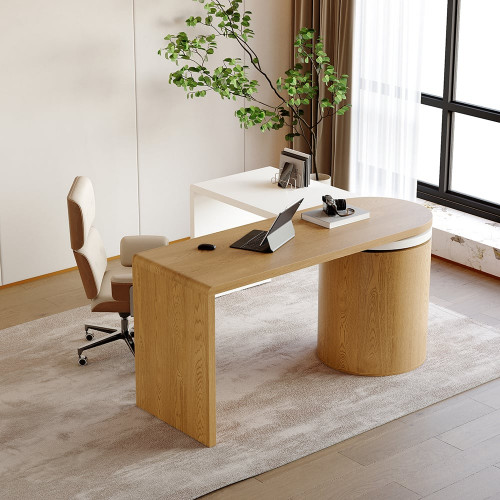 HMR Modern Set L-Shaped Desk & Reclining Leather Office Adjustable Swivel Chair - Natural & White