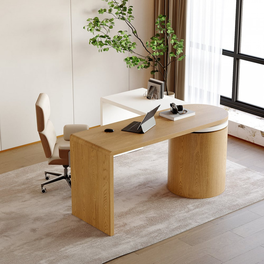 HMR Modern Set L-Shaped Desk & Reclining Leather Office Adjustable Swivel Chair - Natural & White