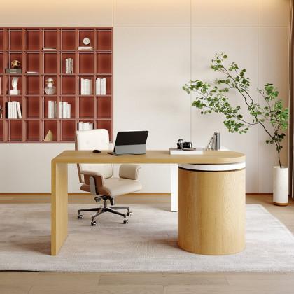 HMR Modern Set L-Shaped Desk & Reclining Leather Office Adjustable Swivel Chair - Natural & White