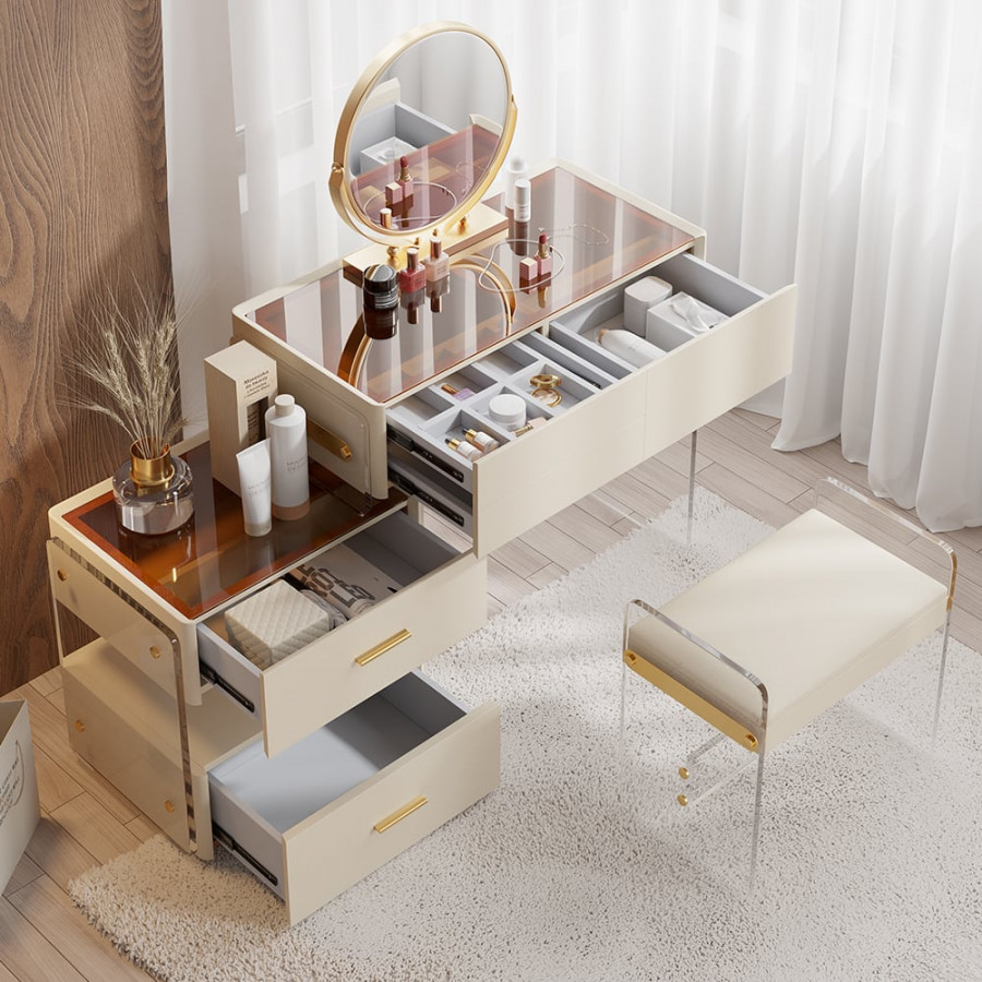 HMR - White Floating Extendable Makeup Vanity Set Acrylic with Removable Mirror & Stool