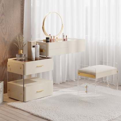 HMR - White Floating Extendable Makeup Vanity Set Acrylic with Removable Mirror & Stool