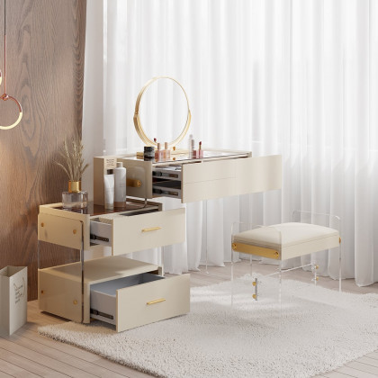 HMR - White Floating Extendable Makeup Vanity Set Acrylic with Removable Mirror & Stool