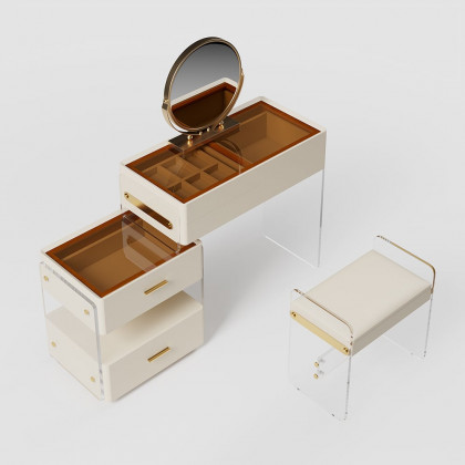 HMR - White Floating Extendable Makeup Vanity Set Acrylic with Removable Mirror & Stool
