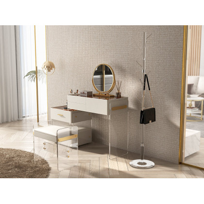 HMR - White Floating Extendable Makeup Vanity Set Acrylic with Removable Mirror & Stool