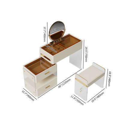 HMR - White Floating Extendable Makeup Vanity Set Acrylic with Removable Mirror & Stool