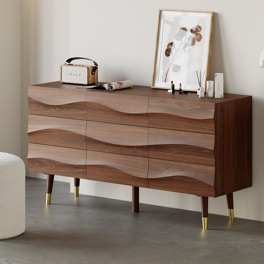 HMR - Lake 55" Mid Century Modern Walnut Wooden Dresser with 9 Drawers