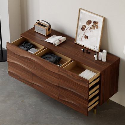 HMR - Lake 55" Mid Century Modern Walnut Wooden Dresser with 9 Drawers