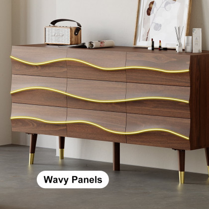 HMR - Lake 55" Mid Century Modern Walnut Wooden Dresser with 9 Drawers