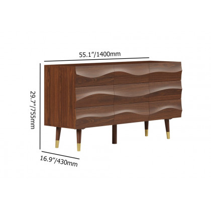 HMR - Lake 55" Mid Century Modern Walnut Wooden Dresser with 9 Drawers