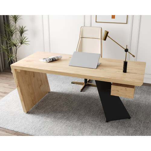 HMR Industrial Wooden Writing Desk & Leather Office Chair Set - Natural, 63"L x 27.6"W x 29.5"H
