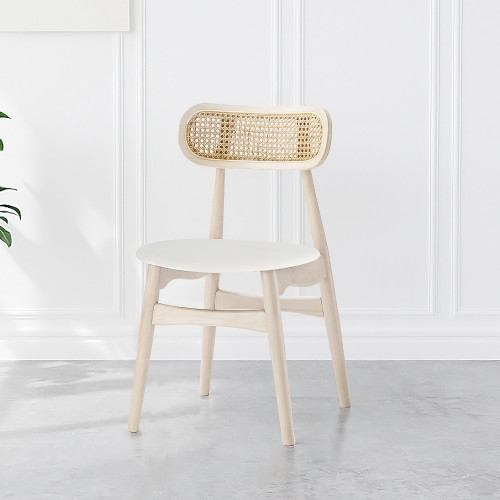 HMR Japandi Modern Wood Dining Chair with Faux Leather Upholstery - Bleached Wood, Set of 4
