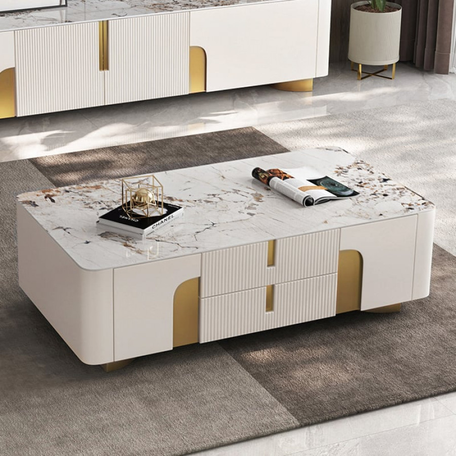 HMR - Artus Modern Beige Rectangle Large Coffee Table Drawers Sintered Stone Gold Base