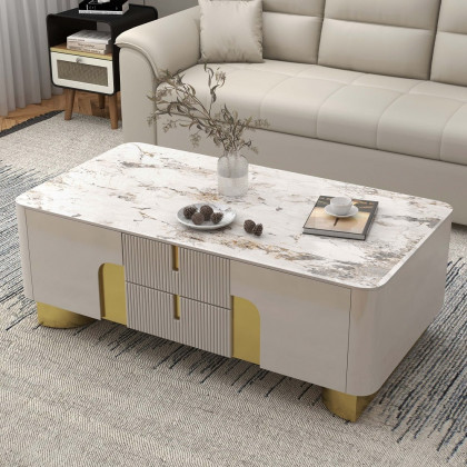 HMR - Artus Modern Beige Rectangle Large Coffee Table Drawers Sintered Stone Gold Base