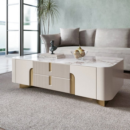 HMR - Artus Modern Beige Rectangle Large Coffee Table Drawers Sintered Stone Gold Base