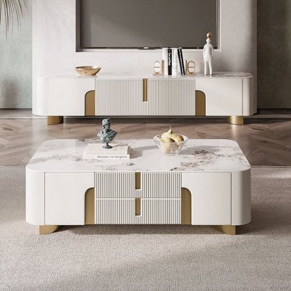 HMR - Artus Modern Beige Rectangle Large Coffee Table Drawers Sintered Stone Gold Base