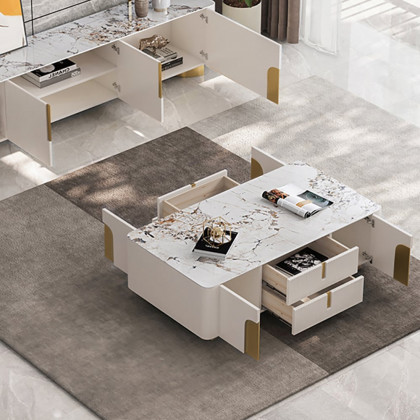 HMR - Artus Modern Beige Rectangle Large Coffee Table Drawers Sintered Stone Gold Base