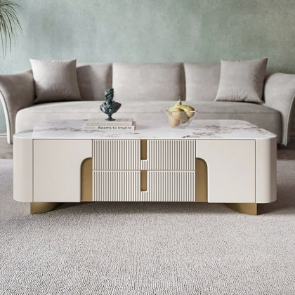 HMR - Artus Modern Beige Rectangle Large Coffee Table Drawers Sintered Stone Gold Base