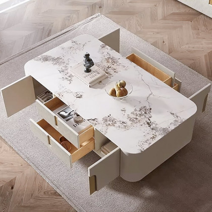 HMR - Artus Modern Beige Rectangle Large Coffee Table Drawers Sintered Stone Gold Base