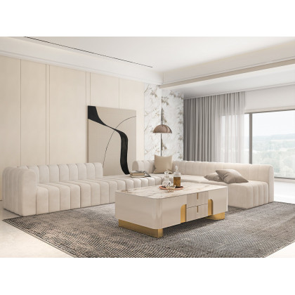 HMR - Artus Modern Beige Rectangle Large Coffee Table Drawers Sintered Stone Gold Base