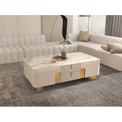HMR - Artus Modern Beige Rectangle Large Coffee Table Drawers Sintered Stone Gold Base