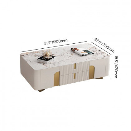 HMR - Artus Modern Beige Rectangle Large Coffee Table Drawers Sintered Stone Gold Base