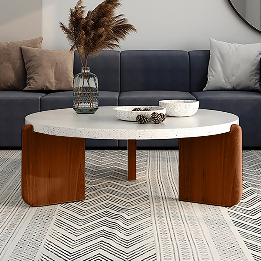 HMR - 34" White Round Terrazzo Coffee Table with Pine Wood Legs in Walnut