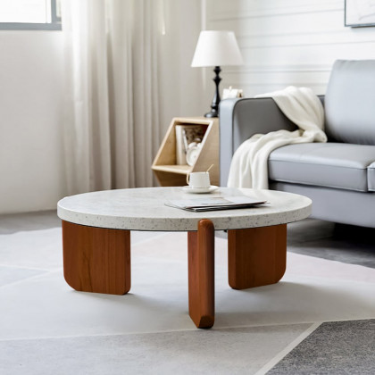 HMR - 34" White Round Terrazzo Coffee Table with Pine Wood Legs in Walnut