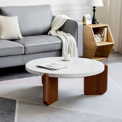 HMR - 34" White Round Terrazzo Coffee Table with Pine Wood Legs in Walnut
