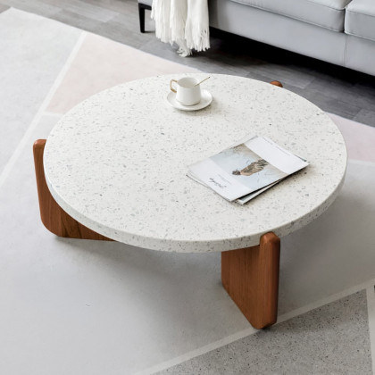 HMR - 34" White Round Terrazzo Coffee Table with Pine Wood Legs in Walnut