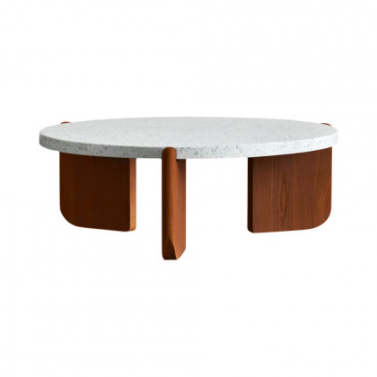 HMR - 34" White Round Terrazzo Coffee Table with Pine Wood Legs in Walnut