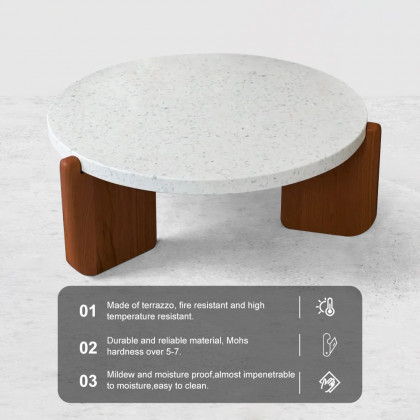 HMR - 34" White Round Terrazzo Coffee Table with Pine Wood Legs in Walnut