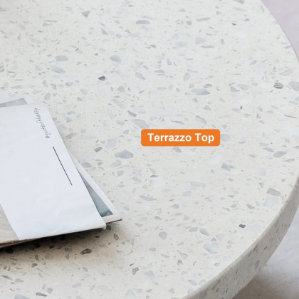 HMR - 34" White Round Terrazzo Coffee Table with Pine Wood Legs in Walnut