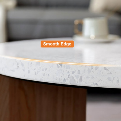 HMR - 34" White Round Terrazzo Coffee Table with Pine Wood Legs in Walnut