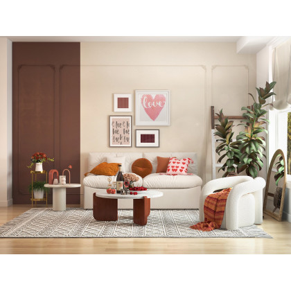 HMR - 34" White Round Terrazzo Coffee Table with Pine Wood Legs in Walnut