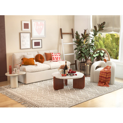 HMR - 34" White Round Terrazzo Coffee Table with Pine Wood Legs in Walnut
