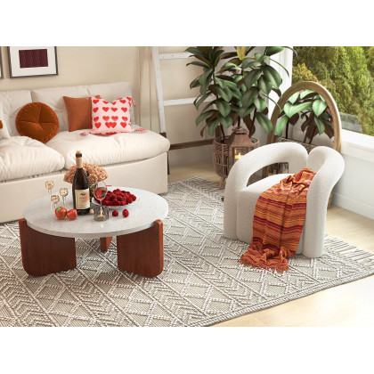 HMR - 34" White Round Terrazzo Coffee Table with Pine Wood Legs in Walnut
