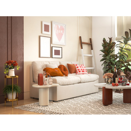 HMR - 34" White Round Terrazzo Coffee Table with Pine Wood Legs in Walnut