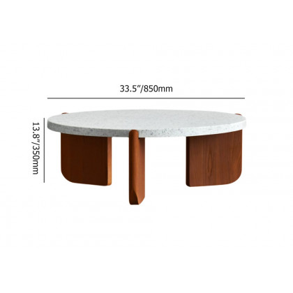 HMR - 34" White Round Terrazzo Coffee Table with Pine Wood Legs in Walnut