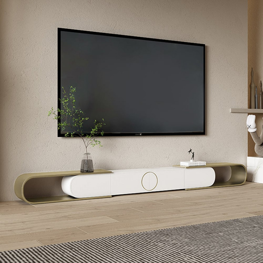 HMR - Modern Extendable Oval Metal TV Stand with 4 Drawers in Gold & White for TV up to 100"