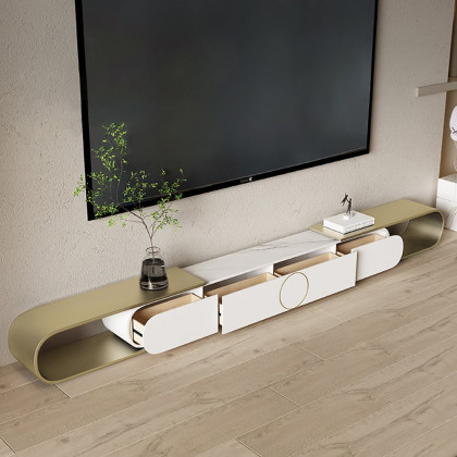 HMR - Modern Extendable Oval Metal TV Stand with 4 Drawers in Gold & White for TV up to 100"