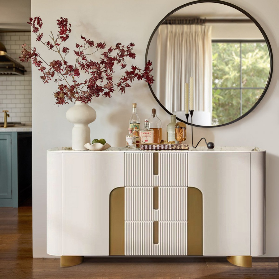 HMR - Artus Modern White 59"W Sintered Stone Sideboard 3 Drawers Kitchen Buffet Table